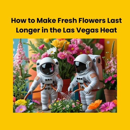 Bud Weismiller's Blog banner for How to Make Fresh Flowers Last Longer in the Las Vegas Heat with miniature astronauts watering plants.