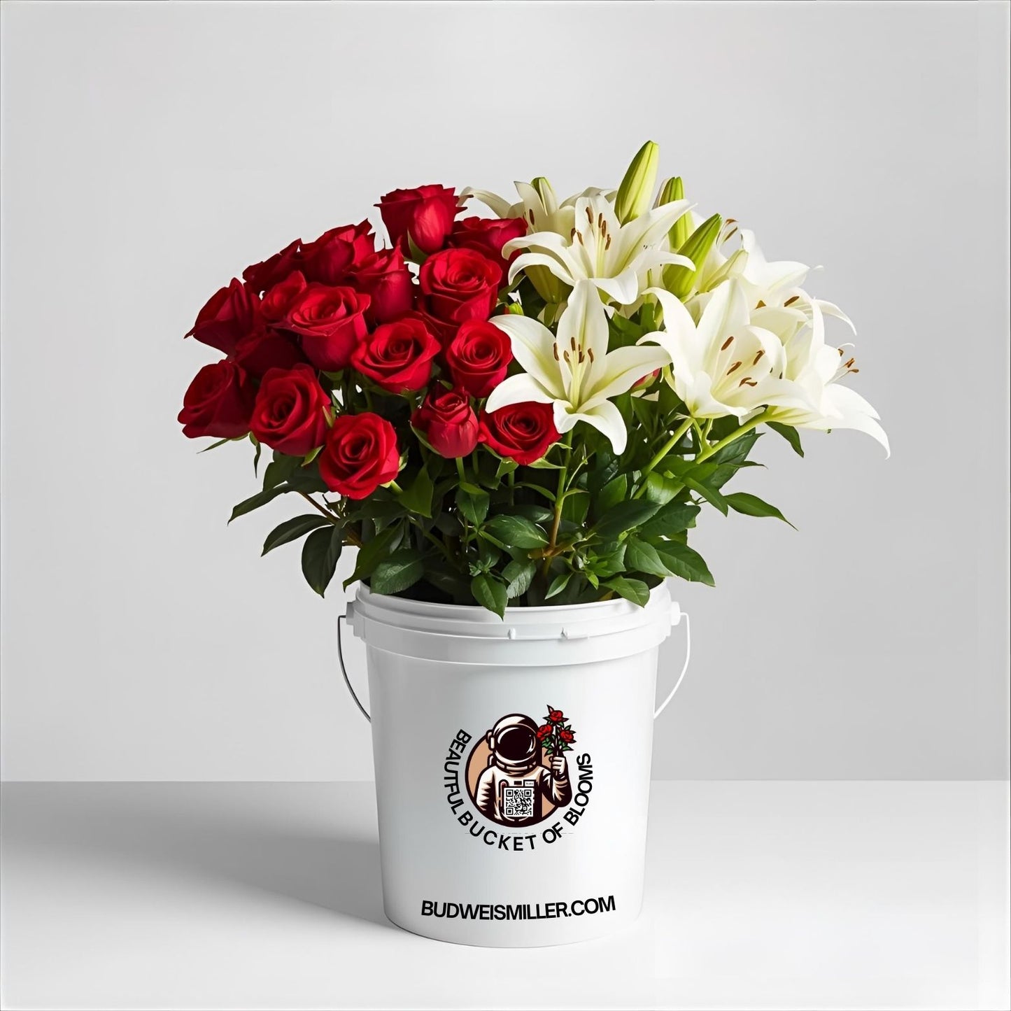 Red Roses and White Lilies - 15/10 Stem Bucket For DIY - Prepared Wholesale Flowers