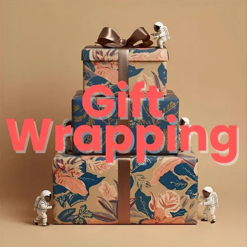 Stack of gift boxes with floral wrapping paper and miniature astronauts on a beige background, with 'Gift Wrapping' text overlay.