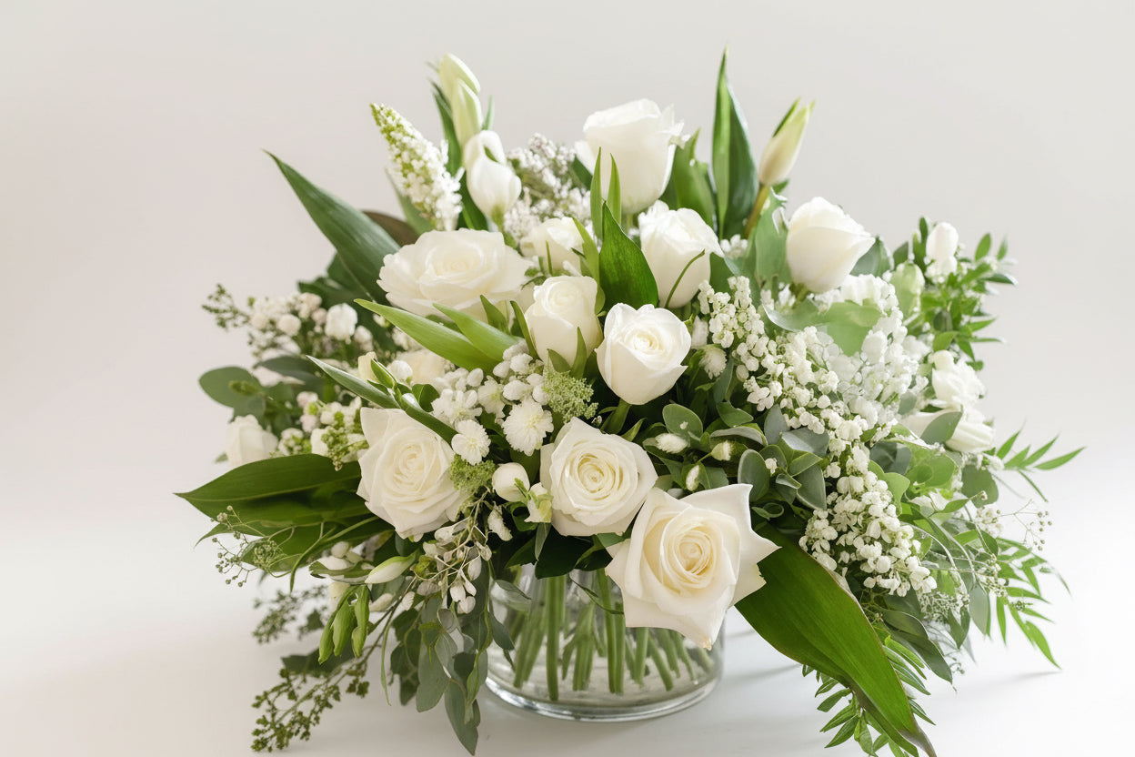 Uplifting sympathy arrangement with white roses and lush greenery in glass vase