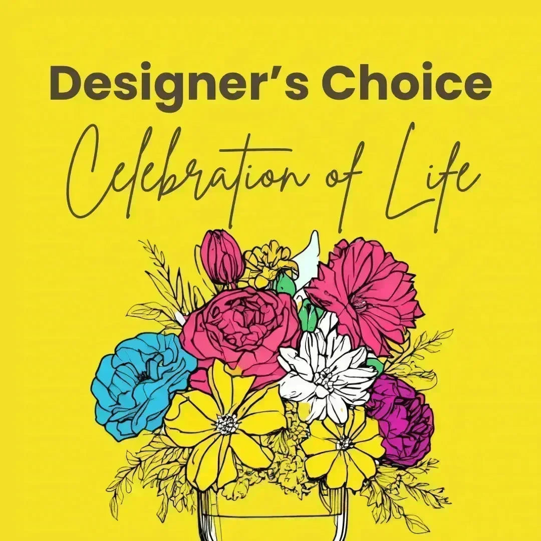 Bright floral bouquet with yellow, pink, blue, and white flowers on vibrant yellow background celebrating life