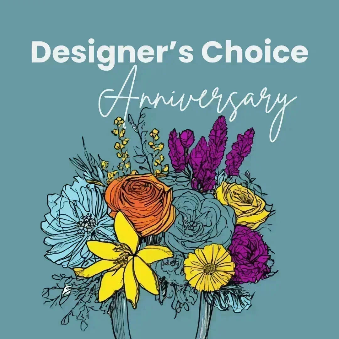 Bright anniversary flower bouquet with yellow, orange, purple, and blue blooms celebrating love