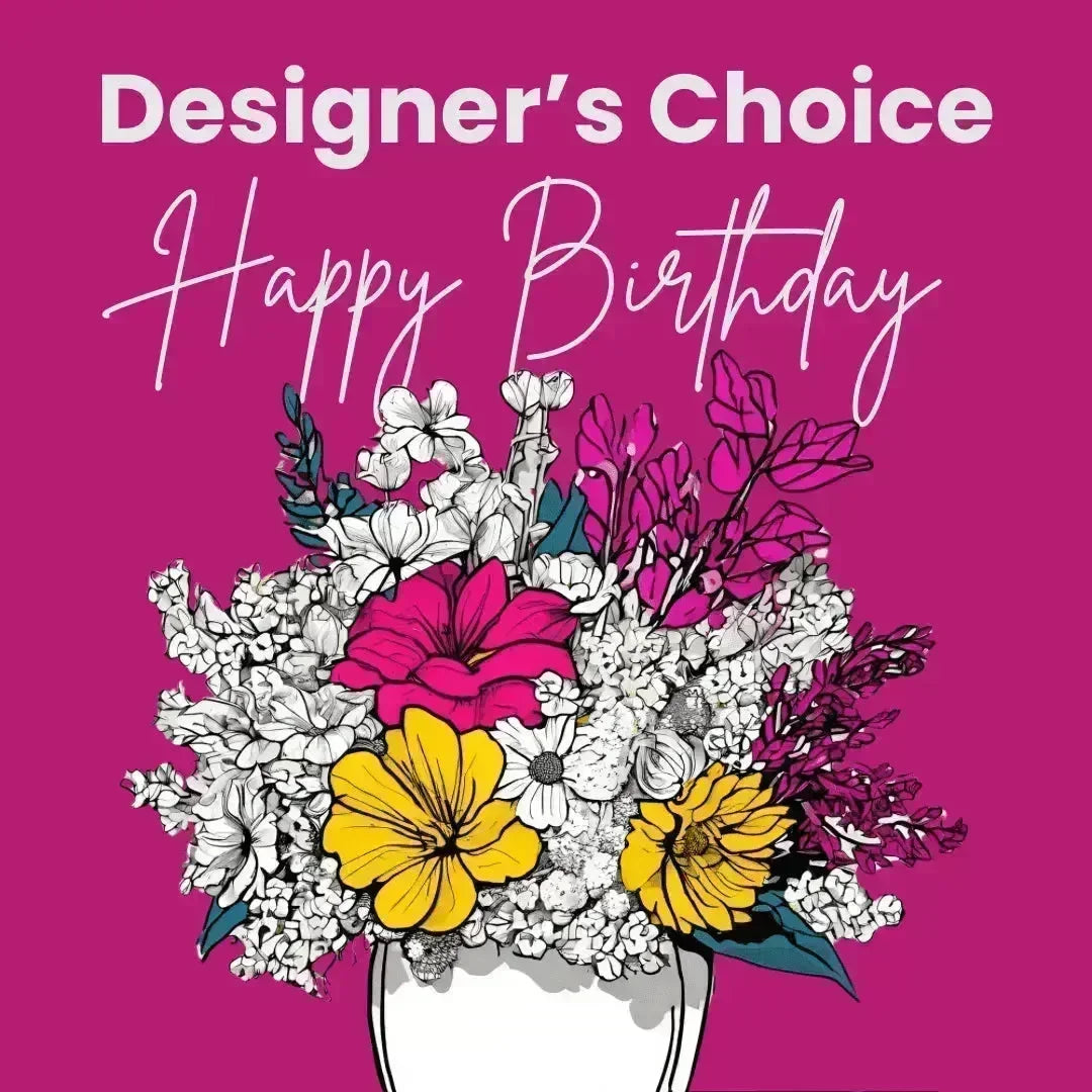 Colorful floral arrangement with yellow and pink flowers in white vase on magenta background, happy birthday