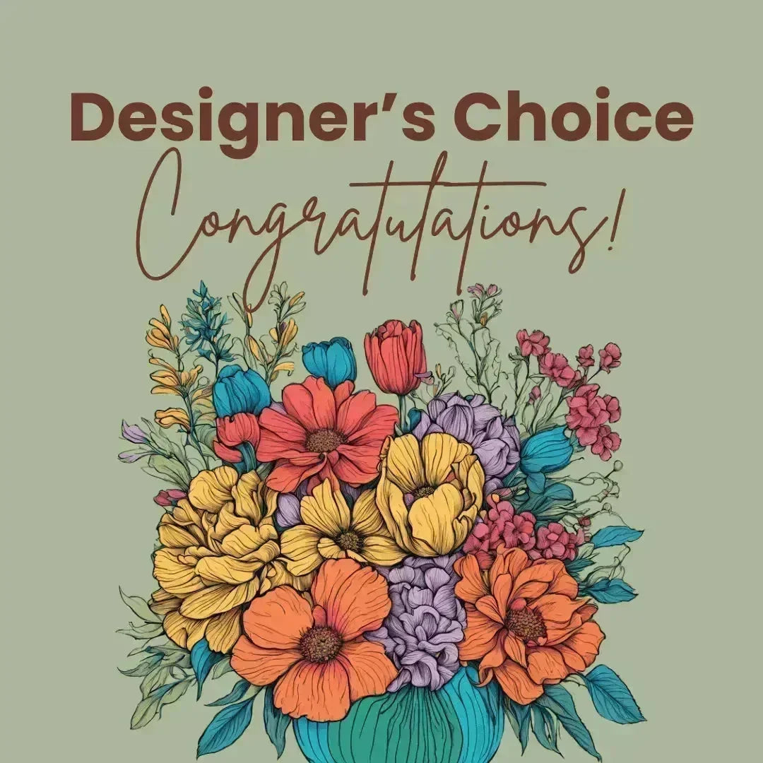 Uplifting floral bouquet with bright orange, yellow, purple flowers in turquoise vase and congratulations message