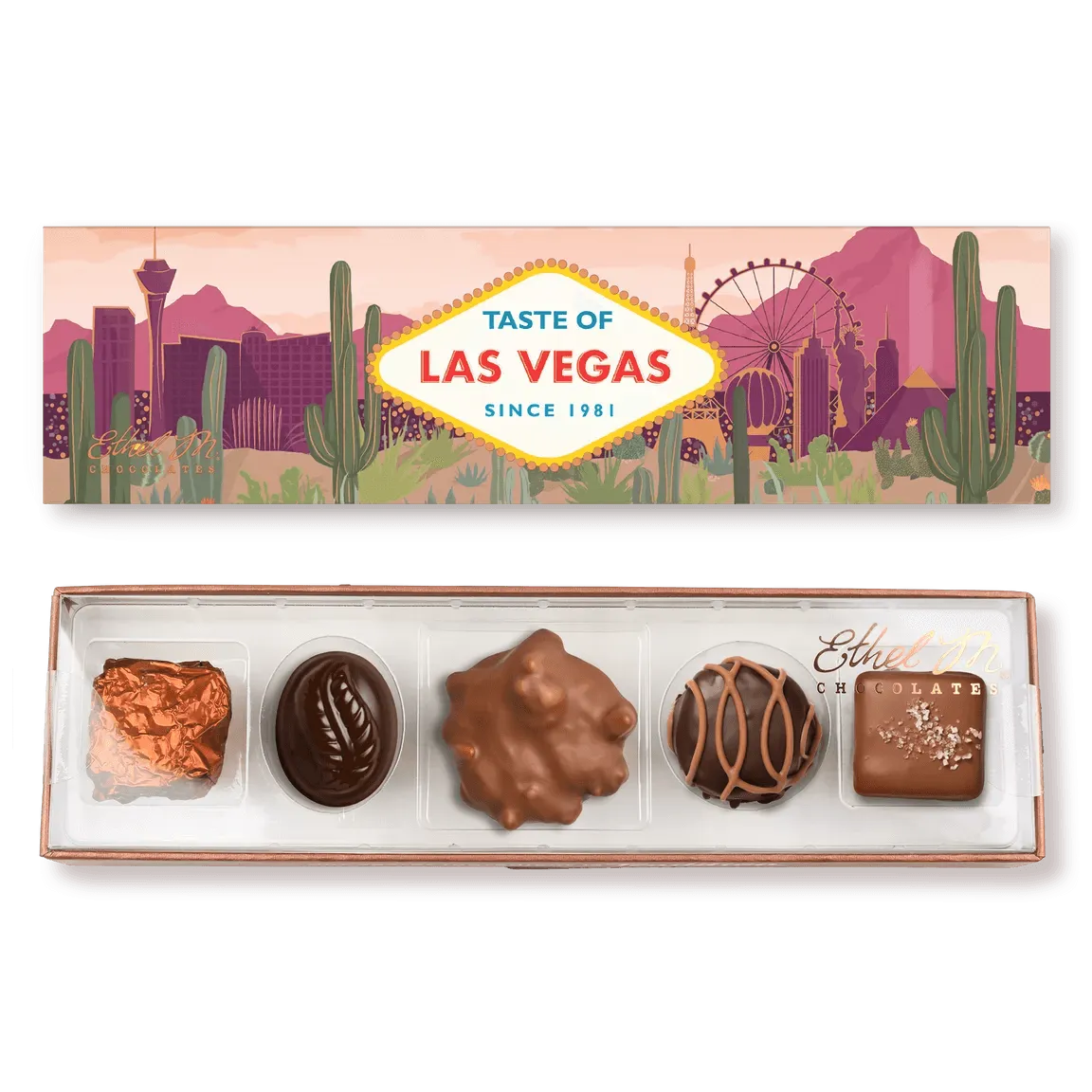 Box of chocolates with a 'Taste of Las Vegas' design on the lid.