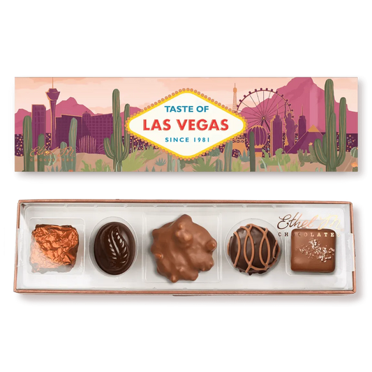Box of chocolates with a 'Taste of Las Vegas' design on the lid.