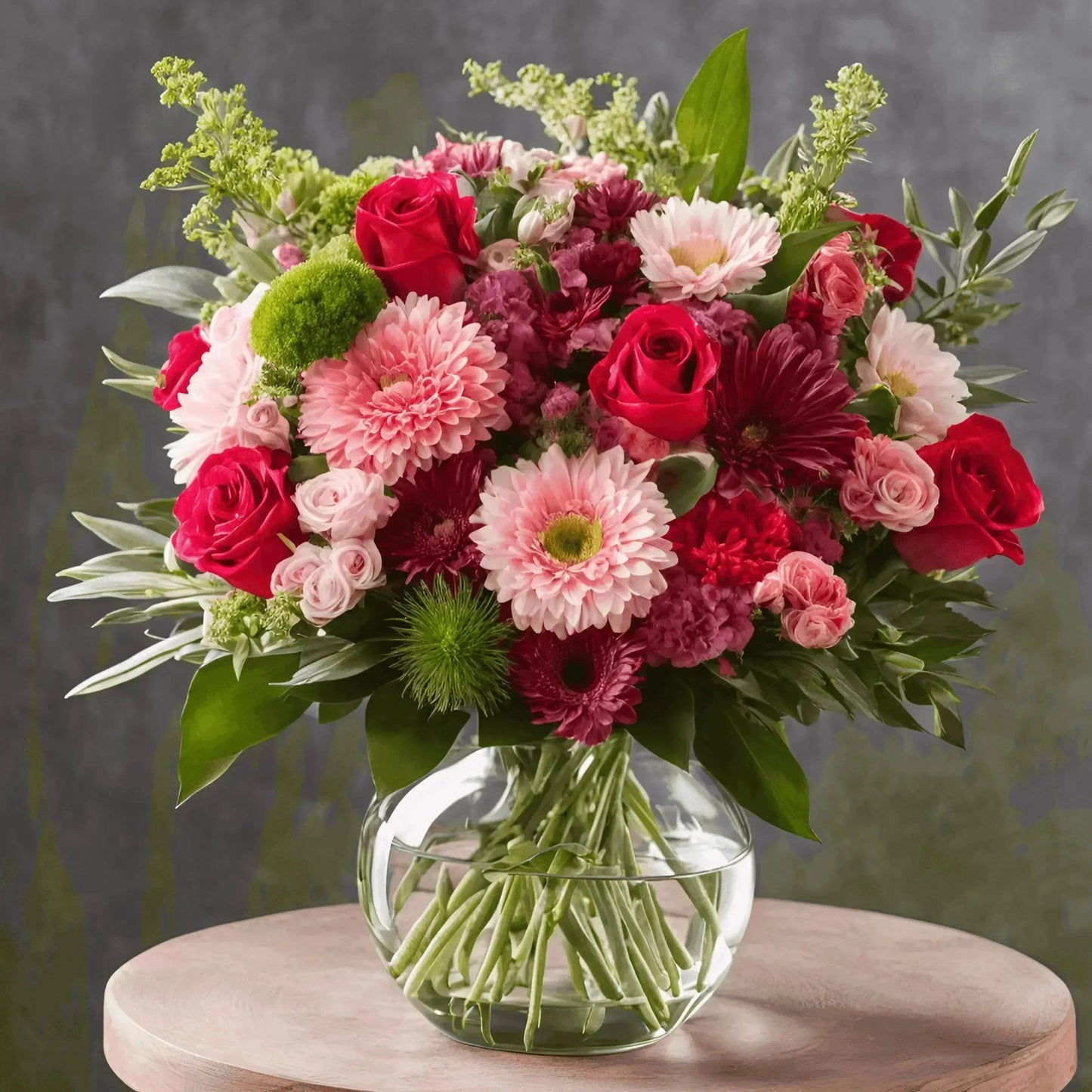 Elegant bouquet of pink and red flowers with green foliage in a clear glass vase