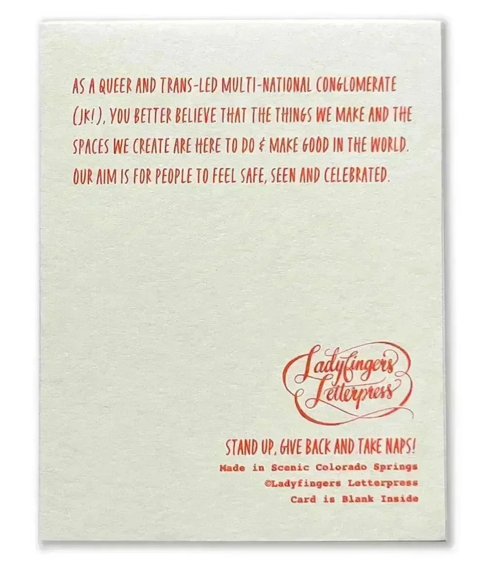 Inspirational letterpress card with empowering message about safety, celebration, and doing good in the world