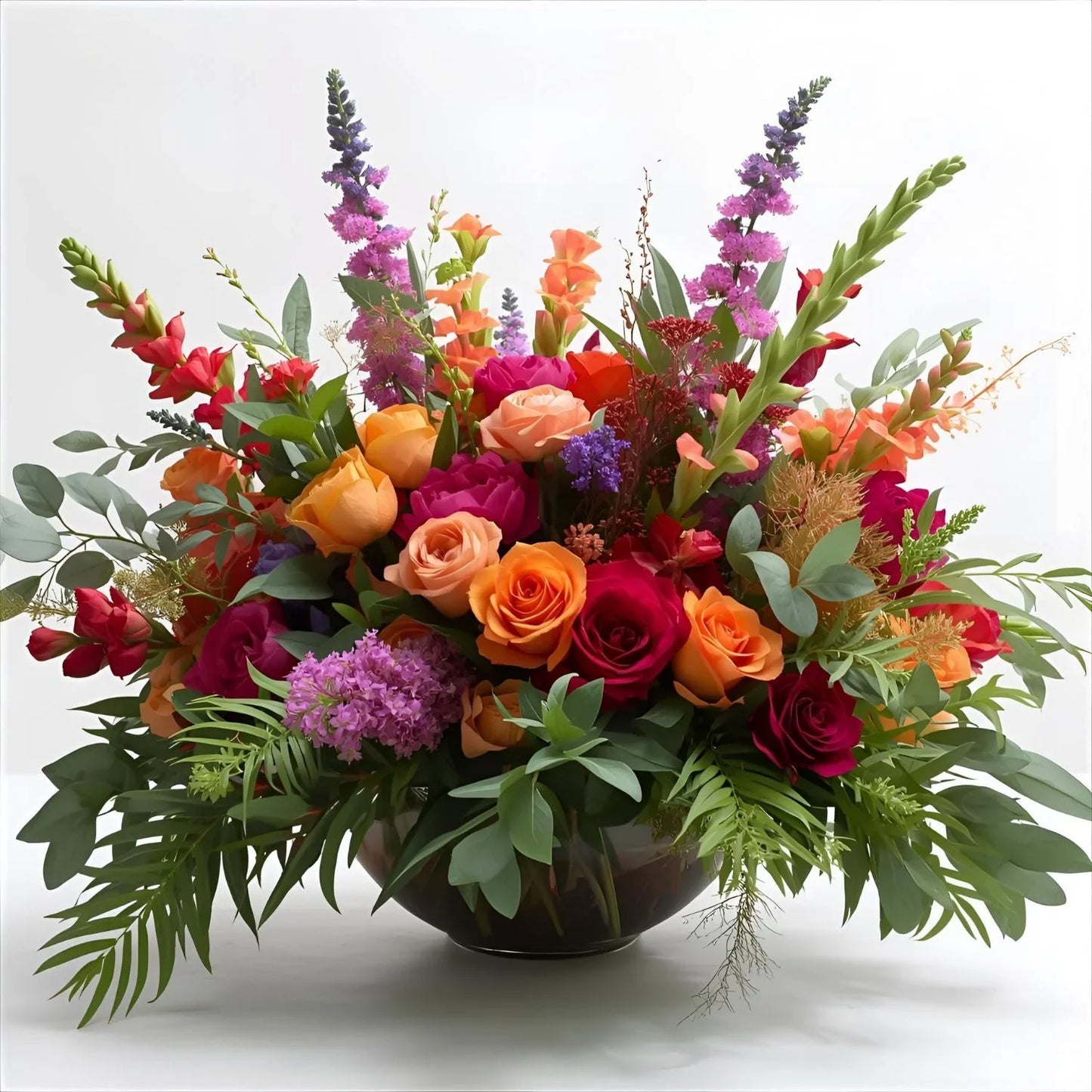 Colorful flower arrangement in a bowl on a white background