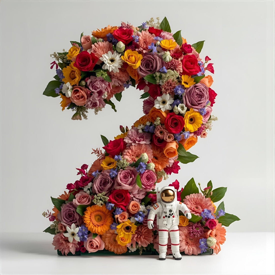 a large floral number 2 with a miniature astronaut florist tending to it.