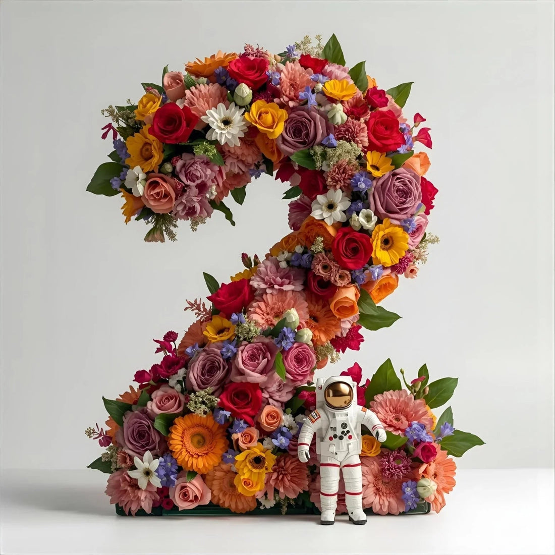 Colorful flower arrangement shaped as number 2 with a small astronaut figurine, bright and cheerful