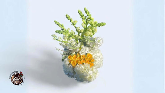 Bright and uplifting floral arrangement with white hydrangeas and vibrant yellow roses on a light background