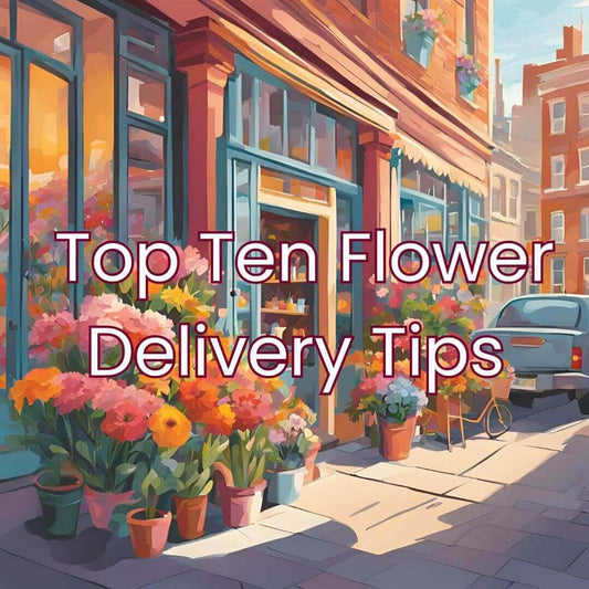 Bright flower shop street scene with colorful potted blooms and cheerful delivery tips text