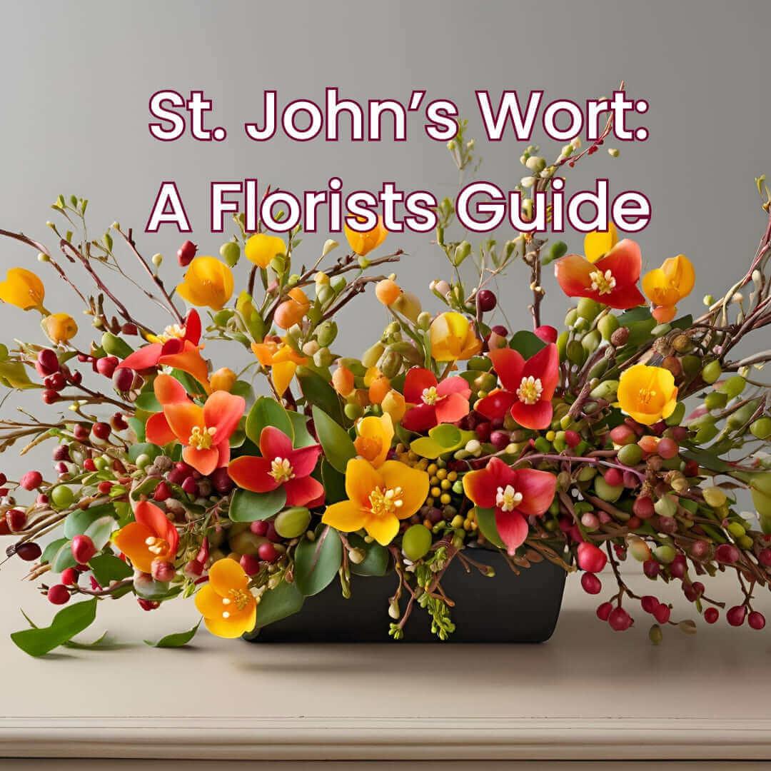 Bright St. John's Wort floral arrangement with yellow and red blooms in black vase, uplifting florist display