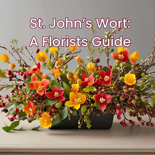 Bright St. John's Wort floral arrangement with yellow and red blooms in black vase, uplifting florist display