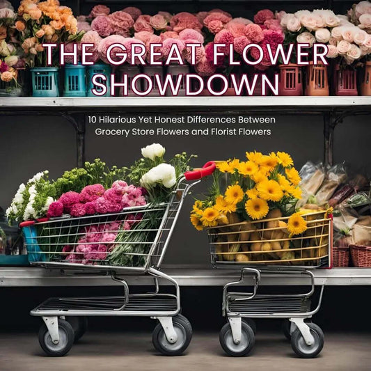 Two shopping carts filled with vibrant flowers in a store with a backdrop of more colorful flowers, titled The Great Flower Showdown