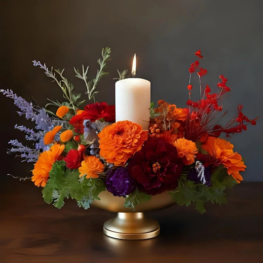 Uplifting floral centerpiece with bright orange, red, purple flowers and a glowing white candle in gold vase