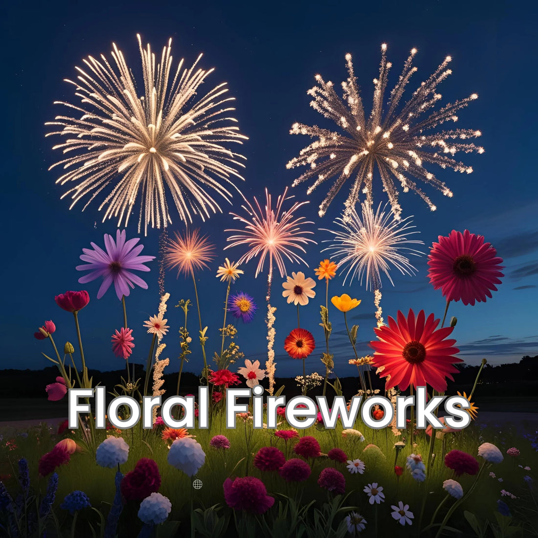 Vibrant fireworks light up night sky above colorful wildflowers, celebrating nature's beauty