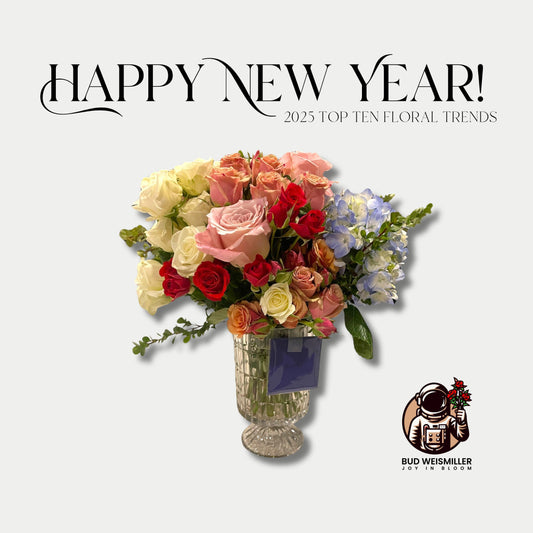 Bright mixed rose bouquet in crystal vase celebrating 2025 floral trends with joyful New Year greeting