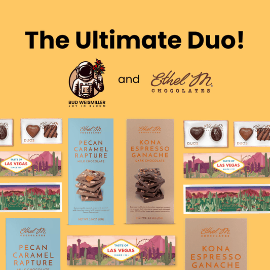 Ethel M. chocolates and Bud Weismiller Joy in Bloom partnership featuring Pecan Caramel Rapture and Kona Espresso Ganache bars