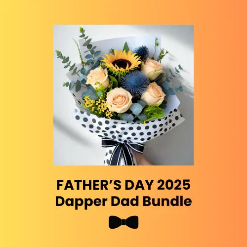 Bright bouquet with sunflower and roses in polka dot wrap for Father's Day 2025 Dapper Dad Bundle