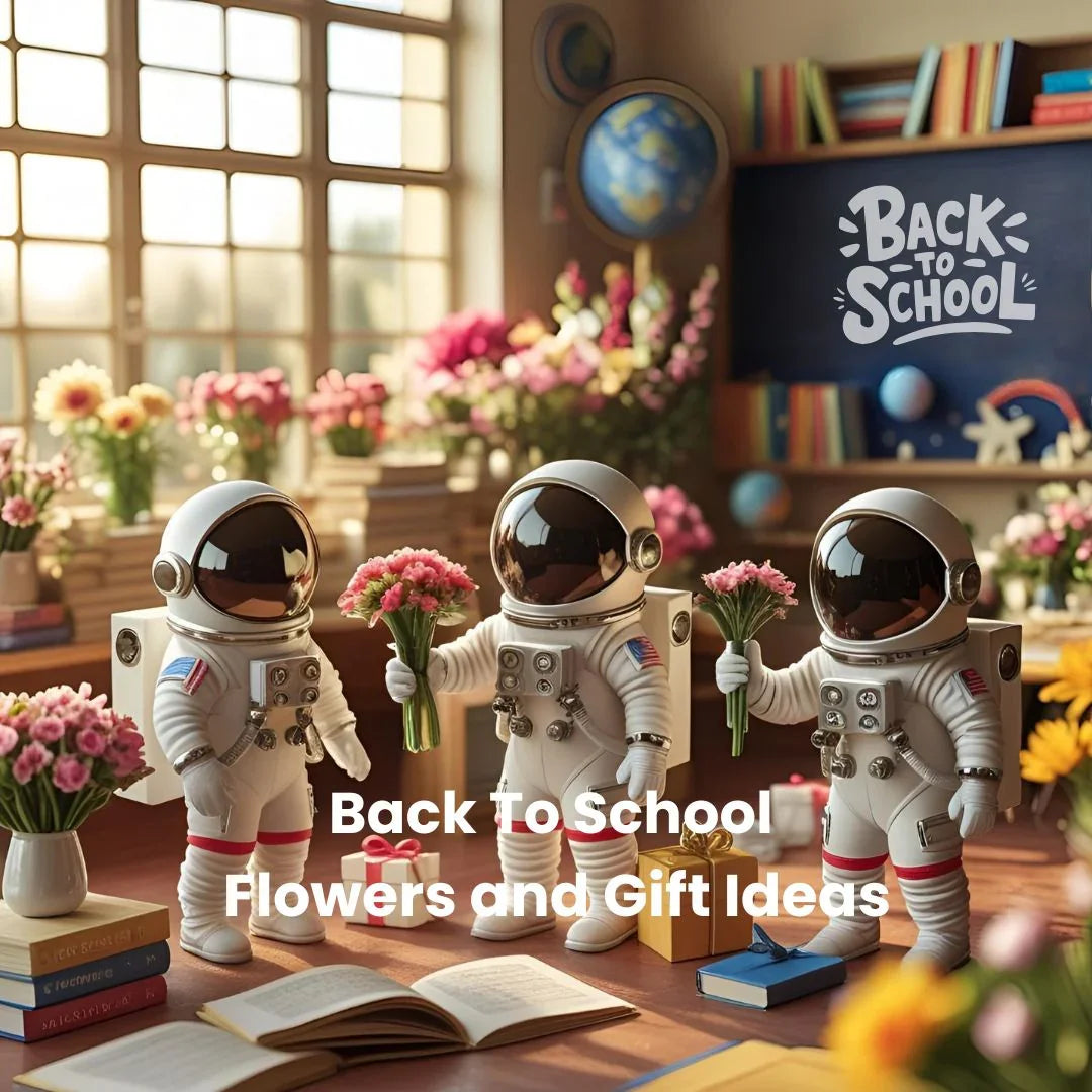 Three playful astronaut figures holding pink flowers in a bright classroom with books, globe, and gifts