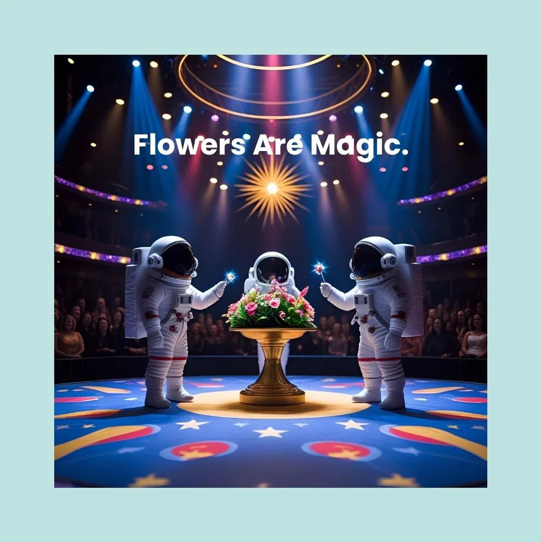 Three astronauts with magic wands around flowers on stage under colorful lights, uplifting scene
