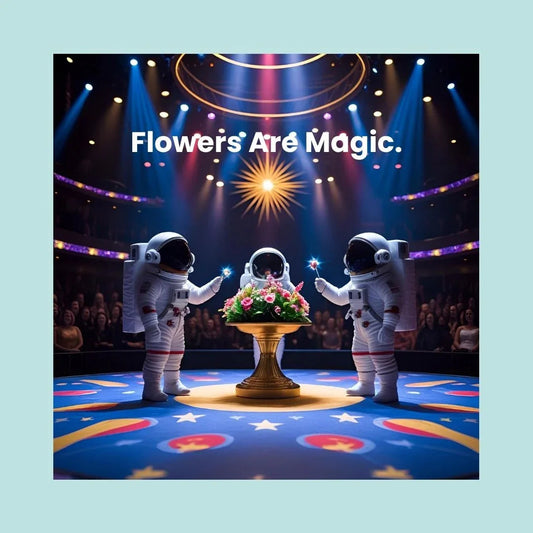 Three astronauts with magic wands around flowers on stage under colorful lights, uplifting scene