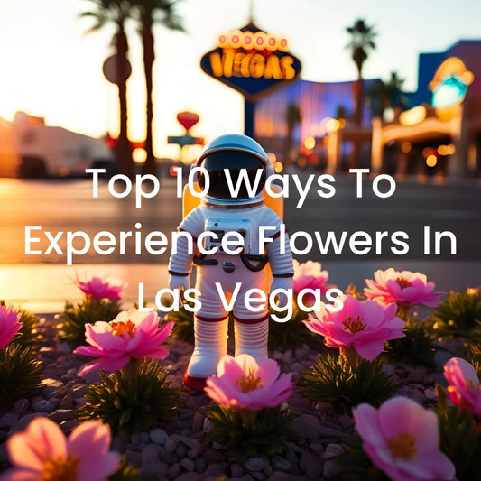 Uplifting astronaut toy surrounded by pink flowers with bright Las Vegas sign in sunset background