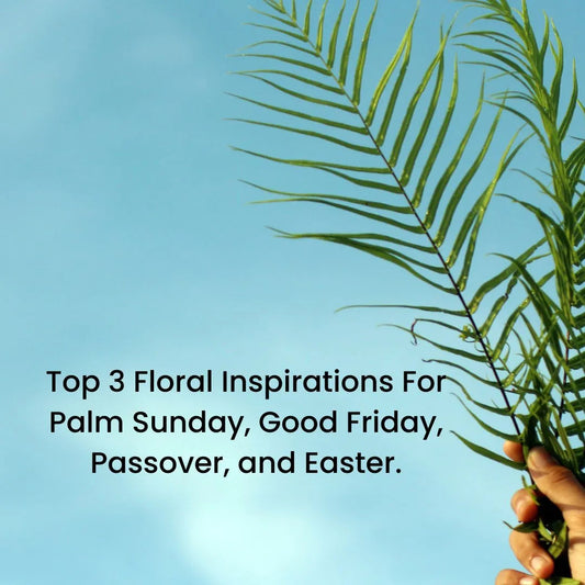 Hand holding fresh green palm leaves against bright blue sky with uplifting spring holiday inspiration text