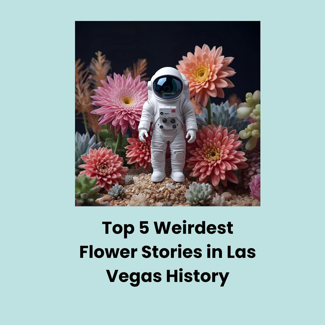 White astronaut figure standing among colorful blooming flowers and succulents on rocky soil