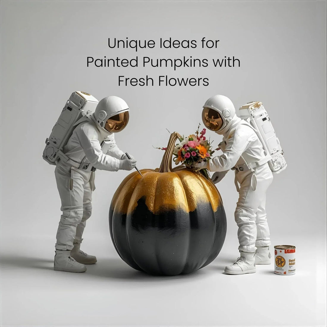 Two astronauts painting a large black and gold pumpkin with fresh colorful flowers in a bright studio