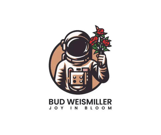 Illustration of an astronaut holding a bouquet of red roses with text 'Bud Weismiller Joy in Bloom'
