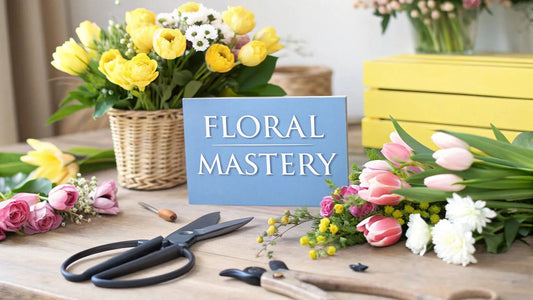 Bright flower arrangement with yellow tulips and pink roses on wooden table labeled Floral Mastery