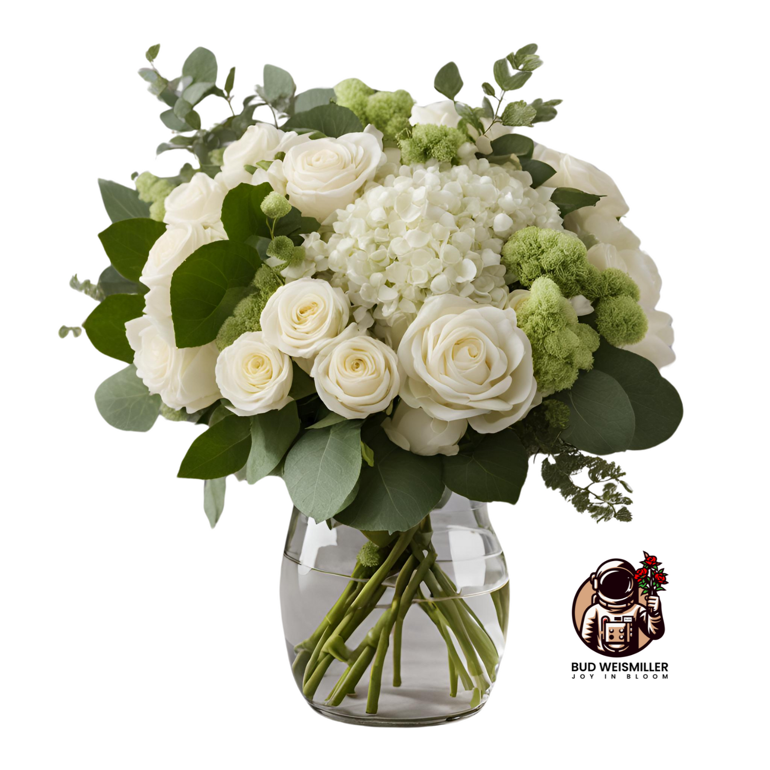 A beautful sympathy fresh flower arrangement with spray roses, hydrangea, lush greenery, and filler flowers.