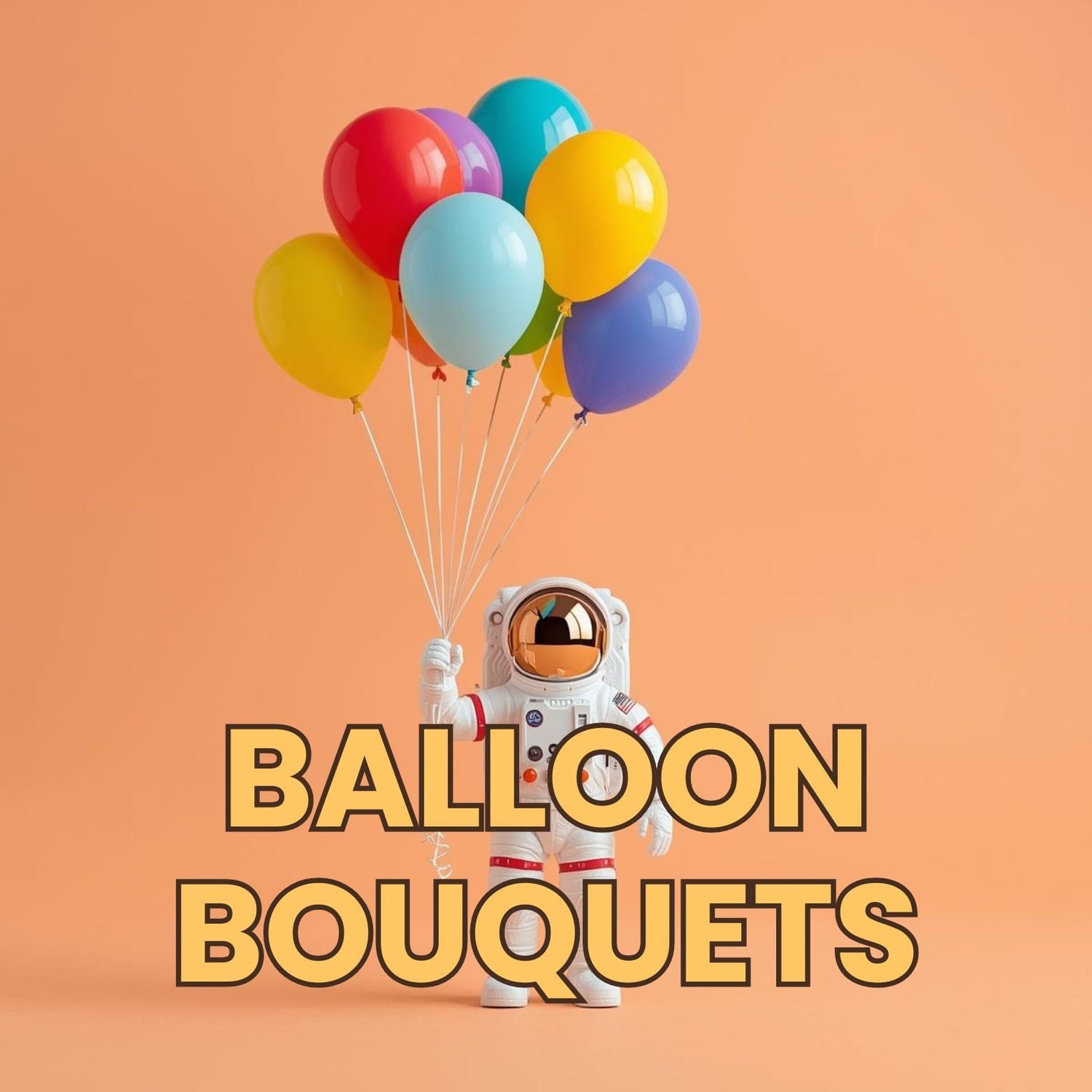 An astronaut holding a balloon bouquet as a banner for Bud Weismiller's Balloon Bouquet Collection