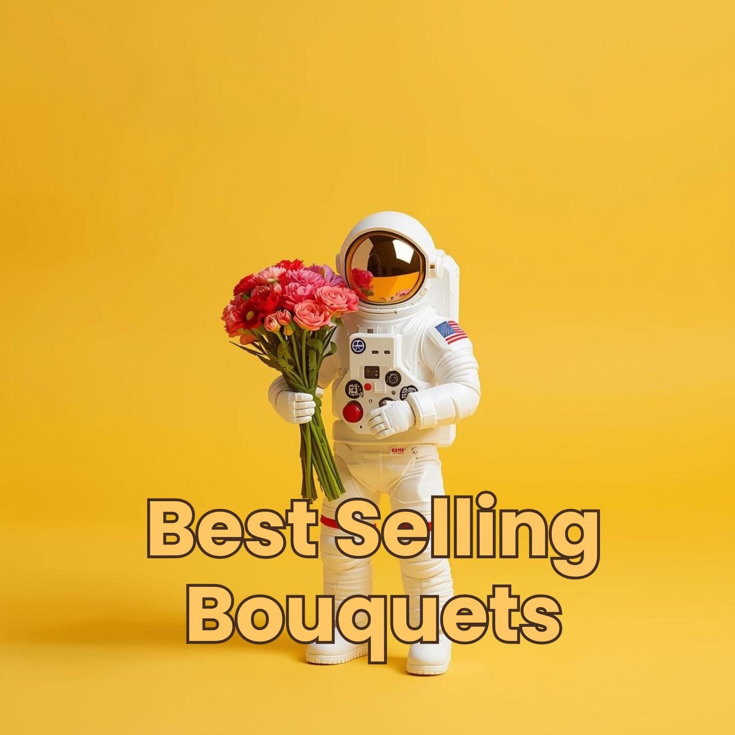 Bright bouquet of pastel roses, white and pink flowers held under uplifting Best Sellers text