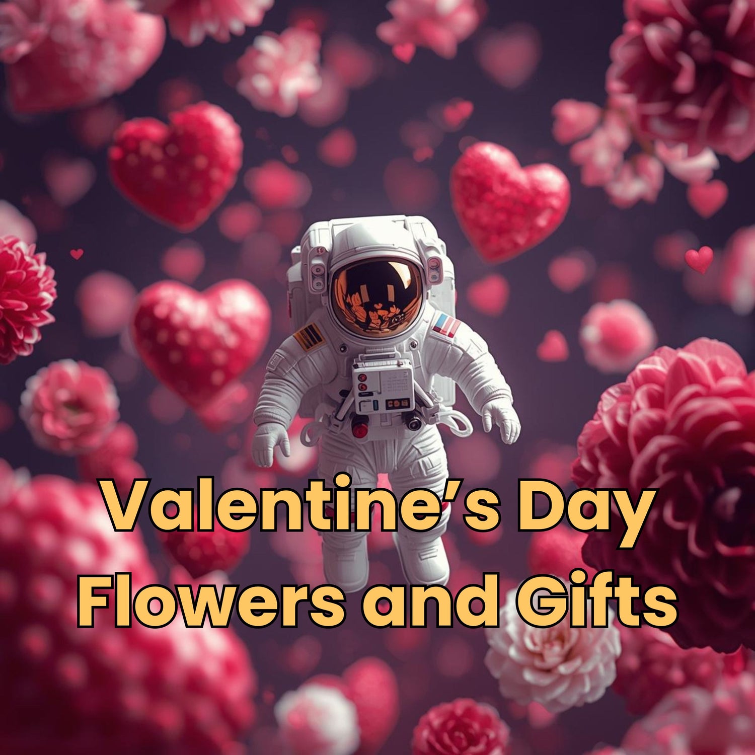 Banner for Bud Weismiller Valentine's Day Flowers and Gifts featuring an astronaut floating through a universe of hearts and flowers.