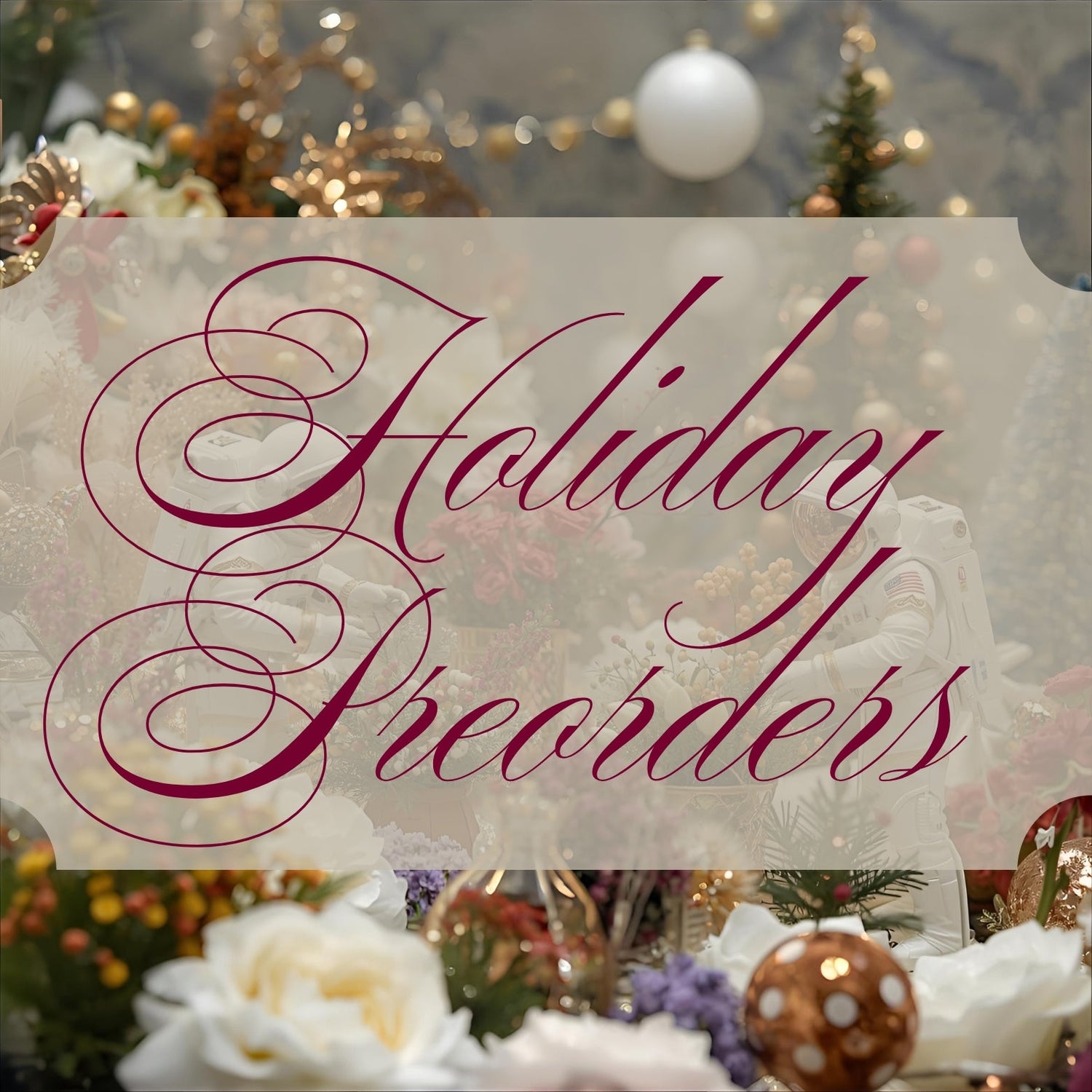 Banner for Bud Weismiller's Holiday preorders featuring two miniature astronaut florists preparing a holiday scene. 