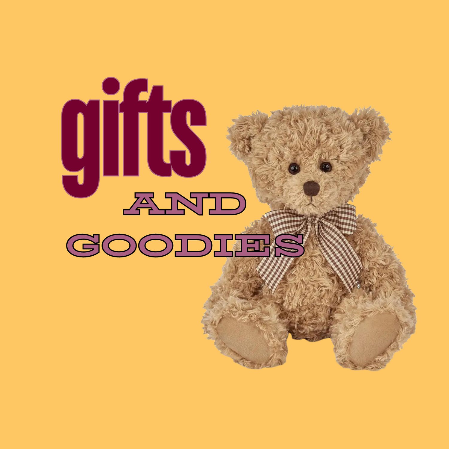 A banner for Bud Weismiller's gifts and goodies section.  It featurs a cuddly teddy bear named Theodore.