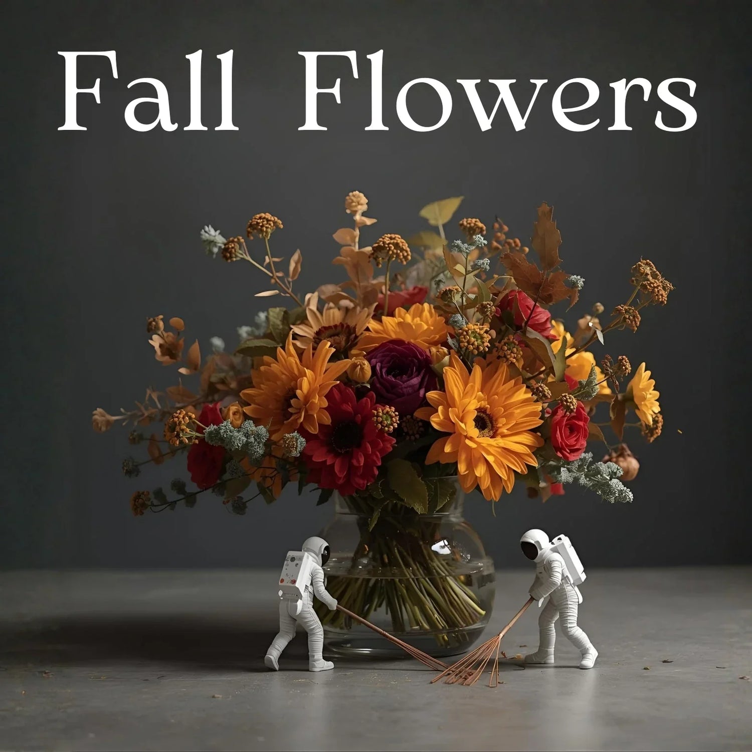 Vibrant fall flowers bouquet in glass vase with two miniature astronauts raking leaves, uplifting scene