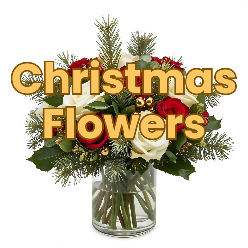 Banner for Bud Weismiller's Christmas Flowers with a classic holiday bouquet in the back ground.