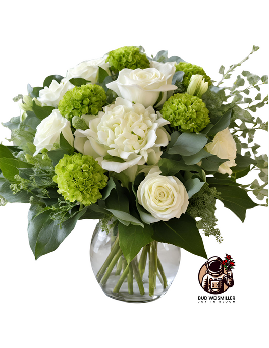 A luxury size arrangement for sympathy and celebration of life with white roses, white hydrangea, green hydrangea, and lush greenery in a clear, up-cycled vase.