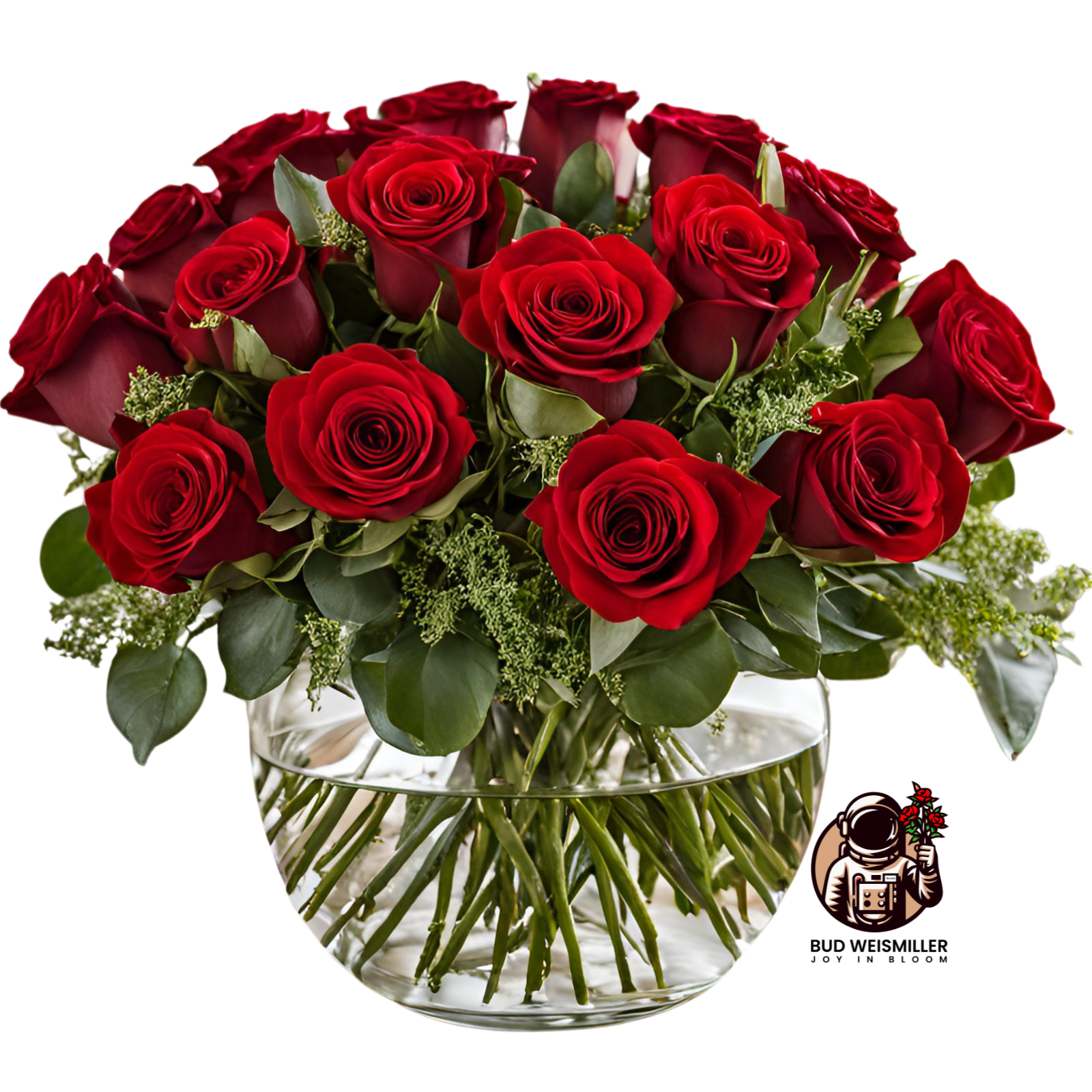 A beautiful arrangement of 18 red roses in a glass vase with greenery and filler flowers.