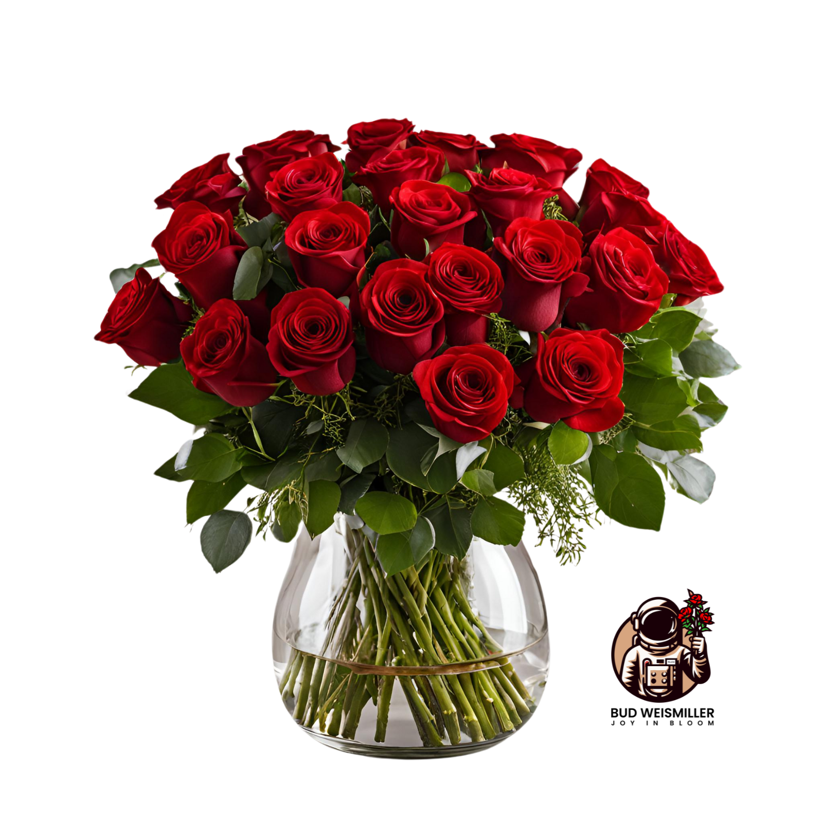 24 red roses artfully arranged in a clear glass vase.