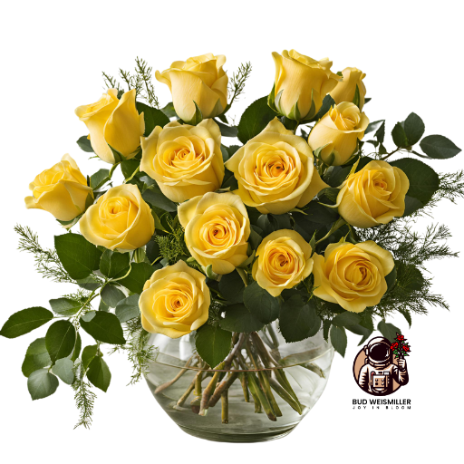 An arrangement of a dozen yellow roses with greenery in an upcycled, clear vase.
