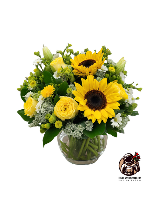 A beautiful standard arrangement of sunflowers, yellow roses, and daisies in a clear glass vase.