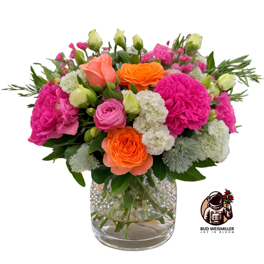 The pop of color bouquet featuring colorful roses, carnations, filler flowers, and greenery in a clear glass, upcycled vase.