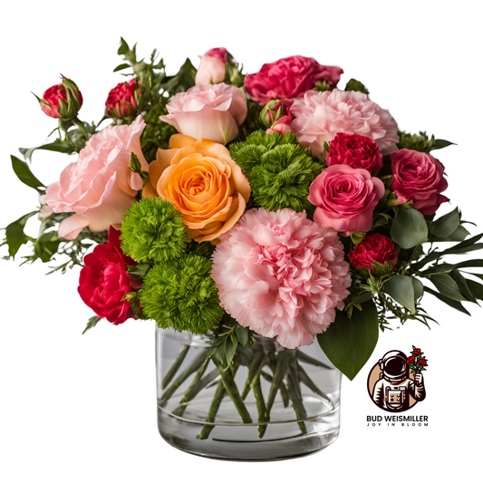 The premium size of pop of color bouquet featuring a colorful blend of roses, carnations, filler flowers, and greenery artfully arranged in an upcycled, clear vase.