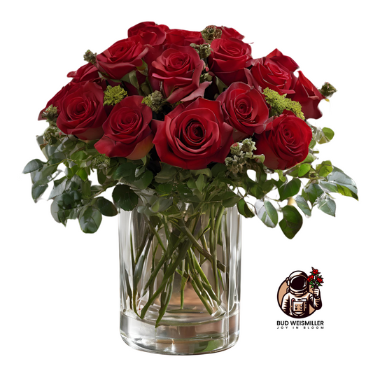 A stunning flower arrangement of a dozen, fresh red roses in a clear glass vase.